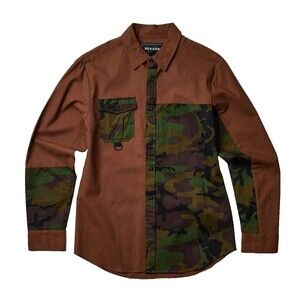 Reason Button Down Shirt Men’s Medium Brown Olive Camo Long Sleeve